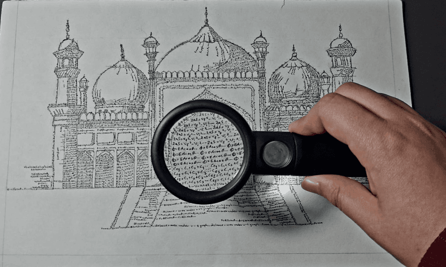 Overseas Pakistani Student’s Unique Achievement: Masterpiece Sketch of Badshahi Mosque Prepared with Microscopic Physics Formulaeسمندر پار مقیم پاکستانی طالبہ کا منفرد کارنامہ: مائیکرو اسکوپک سے بادشاہی مسجد کا شاہکار اسکیچ تیار